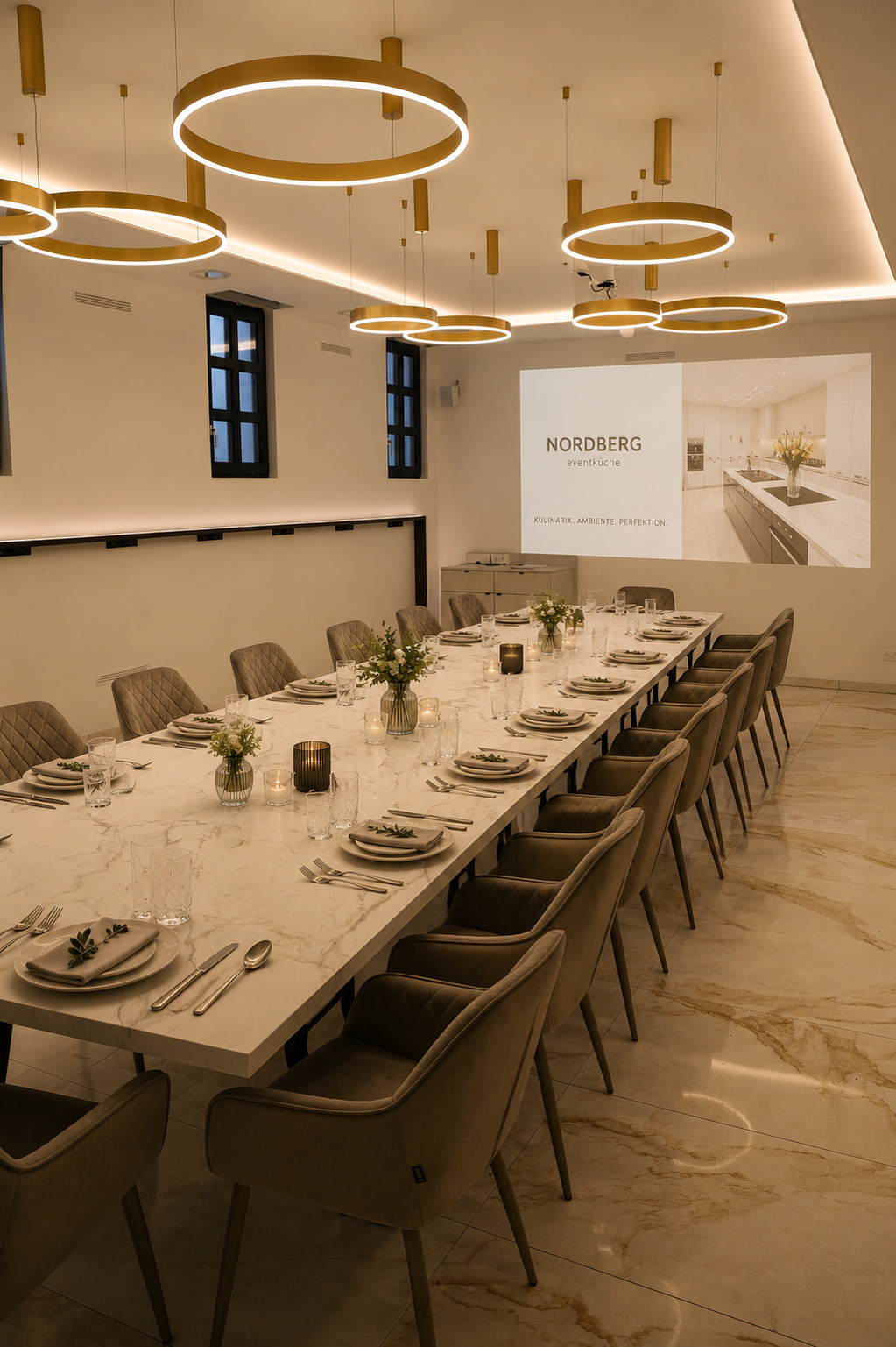 Firmenfeier · Lange Tafel mit Kerzenlicht und Lichtringen