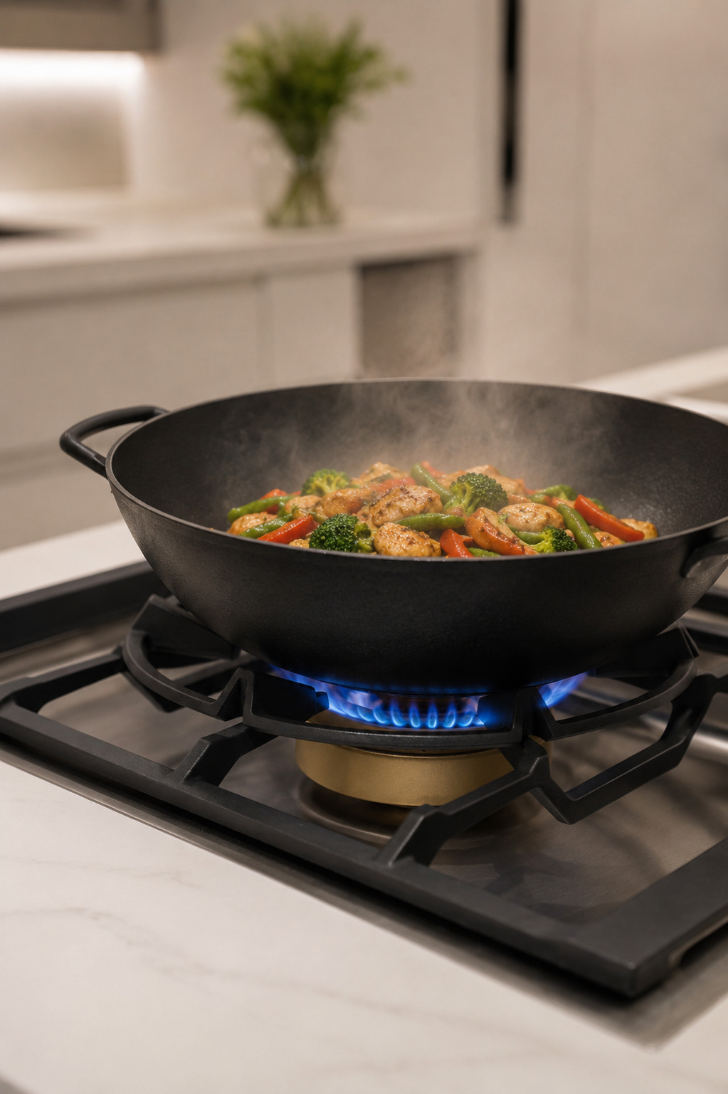 Kochkurs · Wok in Aktion auf der Gasflamme